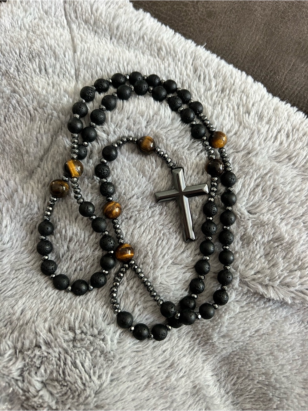 4/$50 Men's Black Beaded Cross Necklace with Tiger Eye Accents